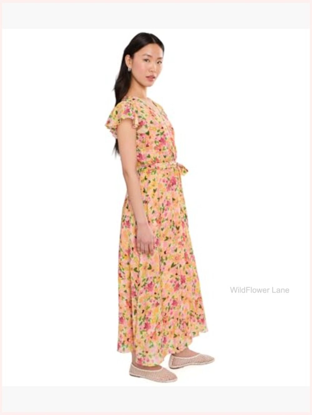 Wrap Front Short Sleeve Midi Dress, Floral Print, V-Neck, A-Line - Picture 3 of 5